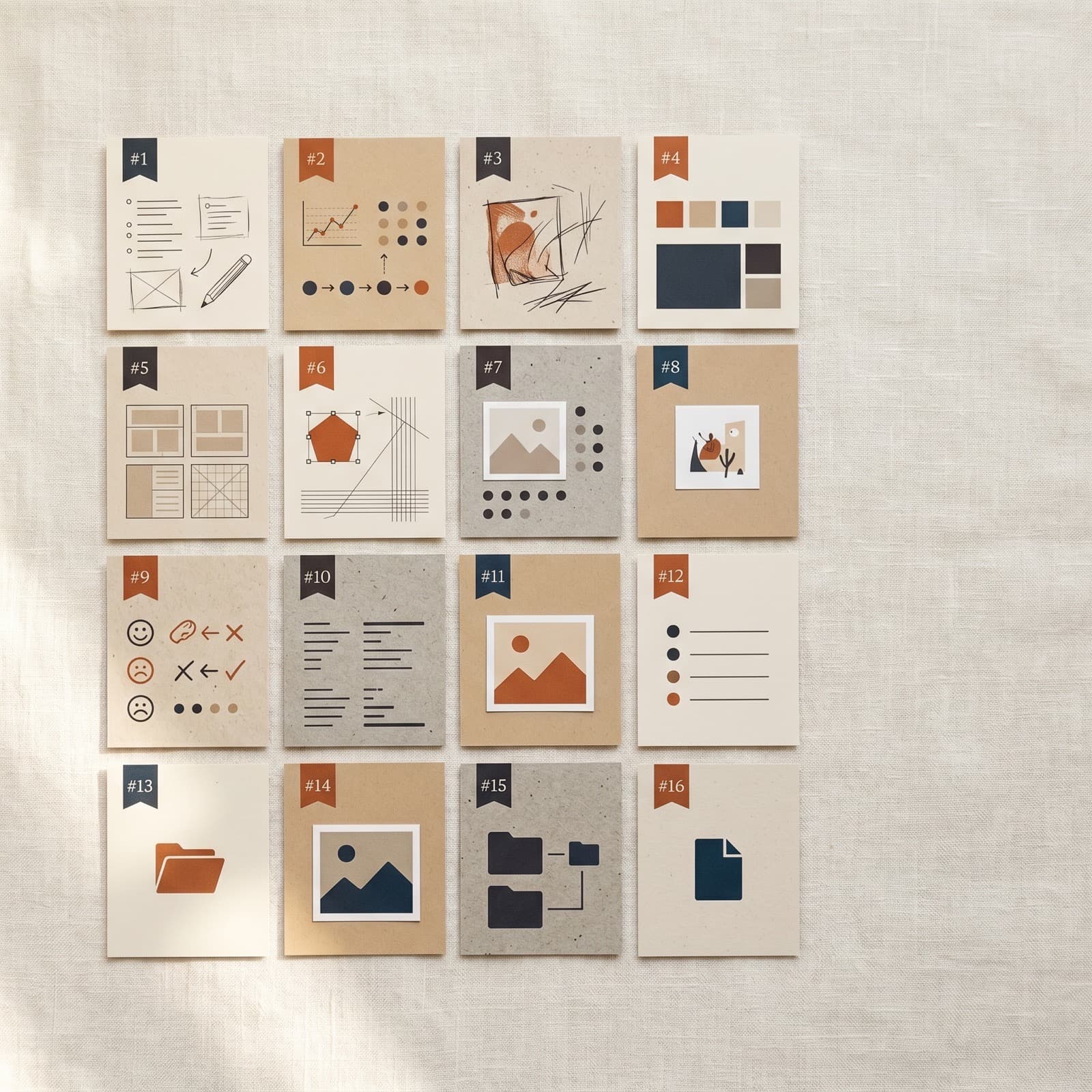 Redaktionel flat lay af et femlags modulært gitter med papir-layoutkort, formatkort, en messinglineal og en ugeplanlægger på en varm off-white nordisk studieflade med brændt orange og dyb blæk som farveaccenter.