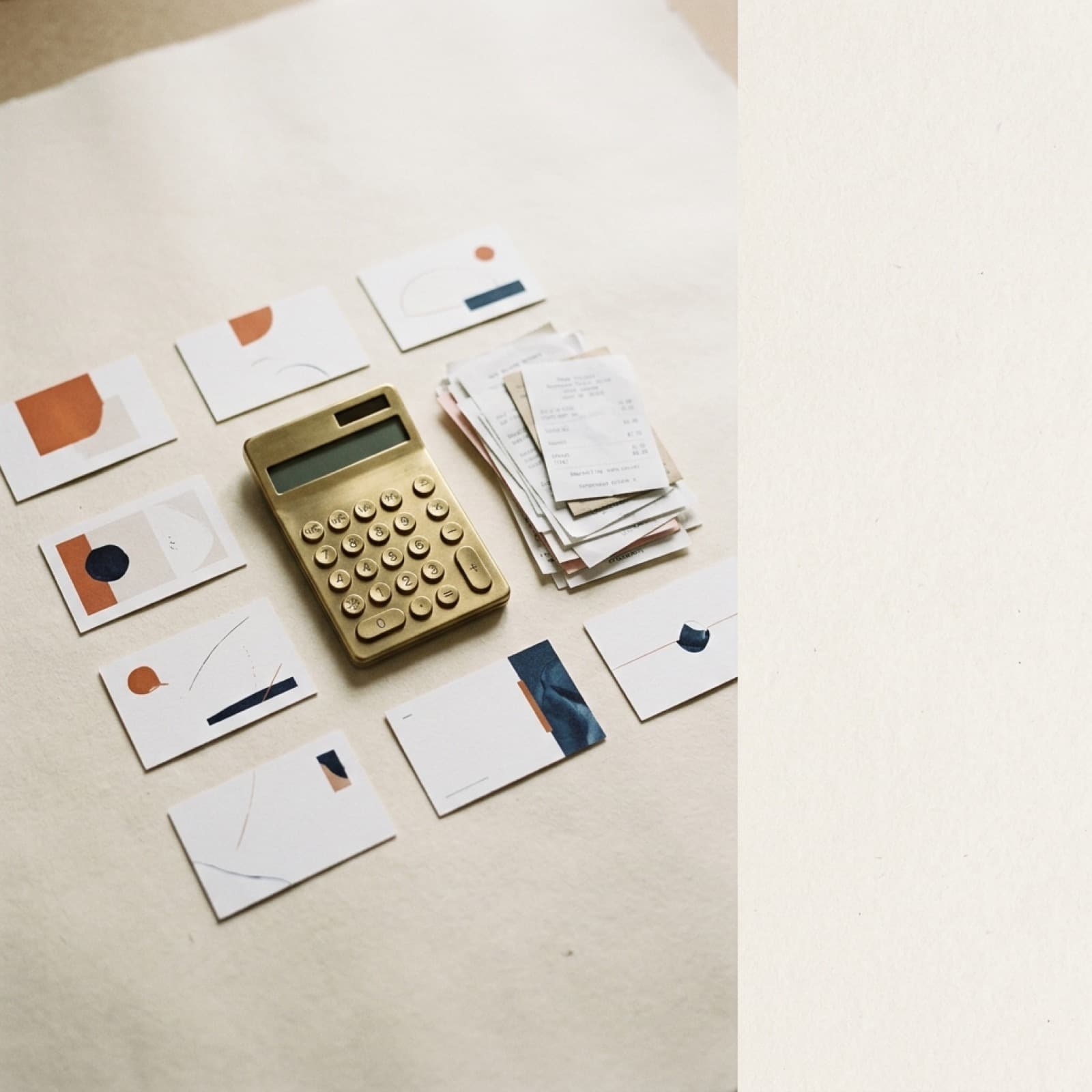 Redaktionel oversigts-flat lay af syv små printede annonceaktiv-kort mærket med euro-priser, en messing-regnemaskine og en stak kvitteringer på en varm off-white nordisk studieflade med brændt orange og dyb blæk-farveaccenter.