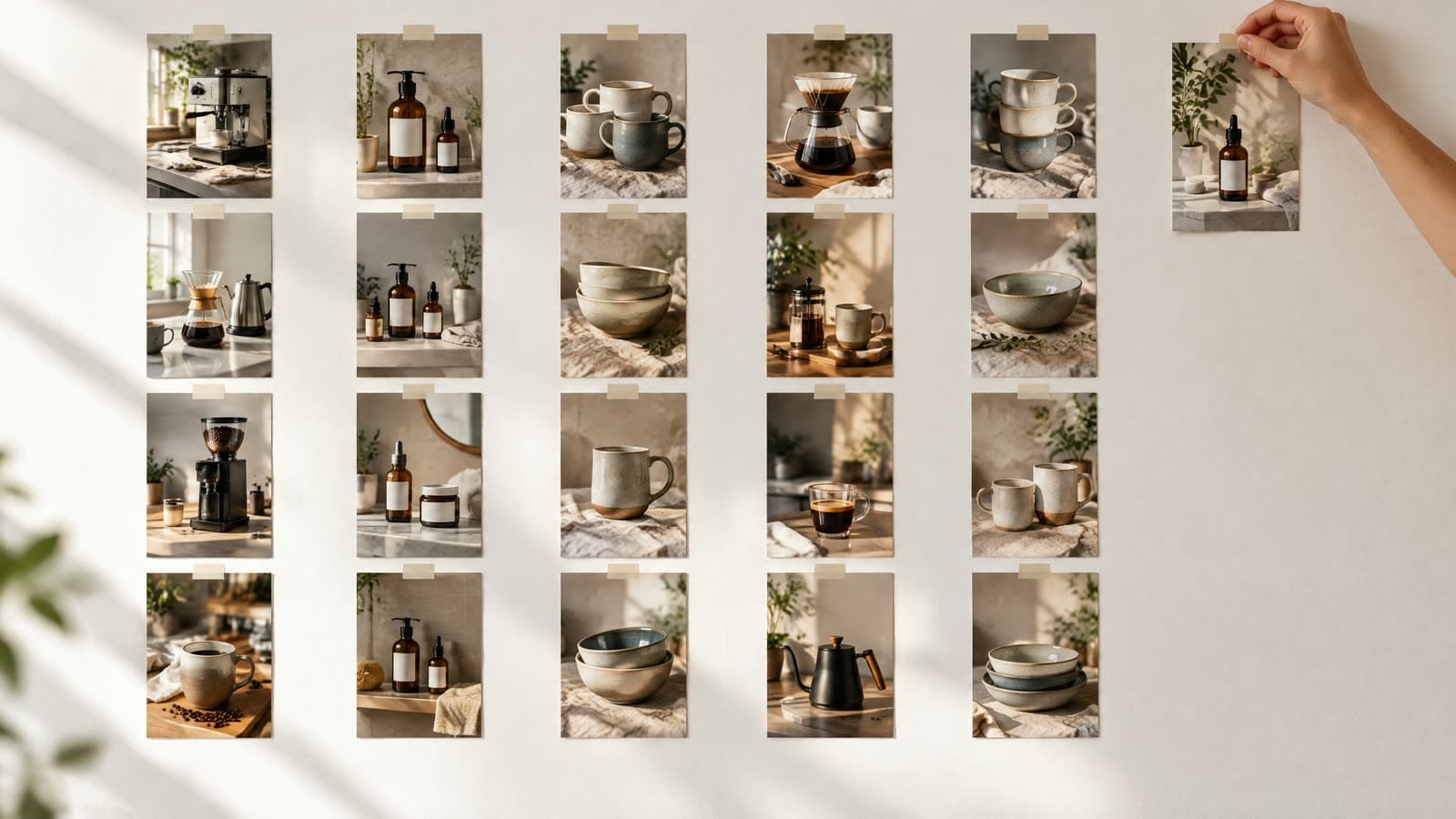A white wall with printed vertical product photos taped in five columns, showing coffee equipment, amber bottles with blank labels and ceramic mugs and bowls, while a hand pins a new photo at the top of an empty sixth column