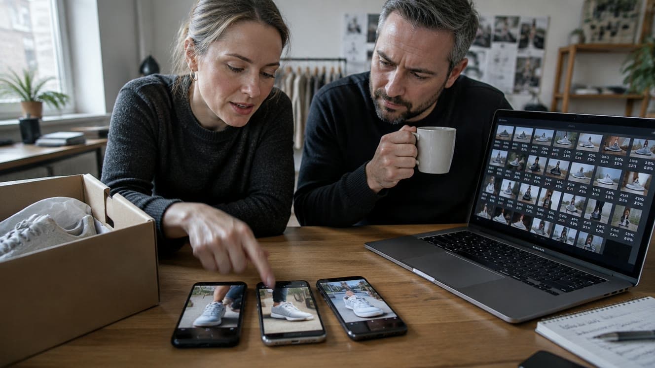 A woman points at one of three phones showing vertical sneaker ads while a colleague holding a coffee cup looks on, beside a laptop showing dozens more variants. AI-generated image.