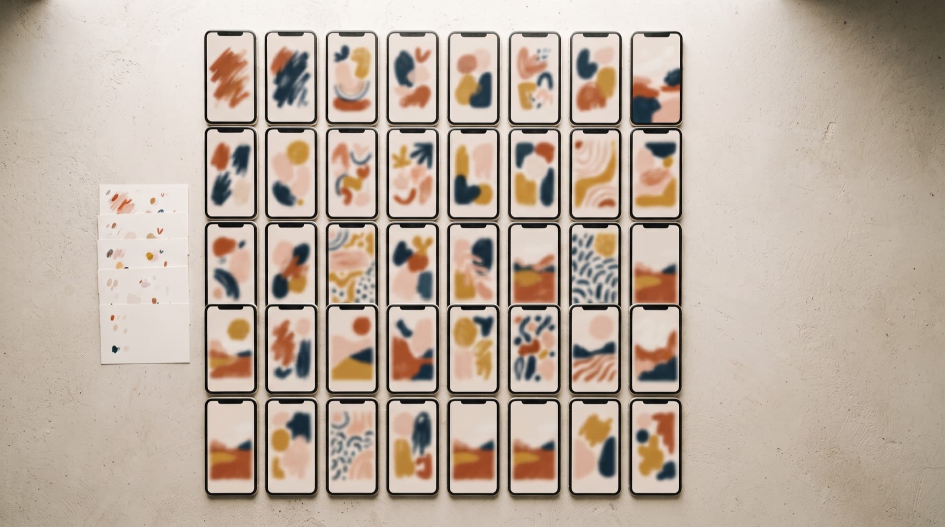 Wall of vertical AI ad frames for an art brand beside a small stack of concept cards, photographed on a studio table