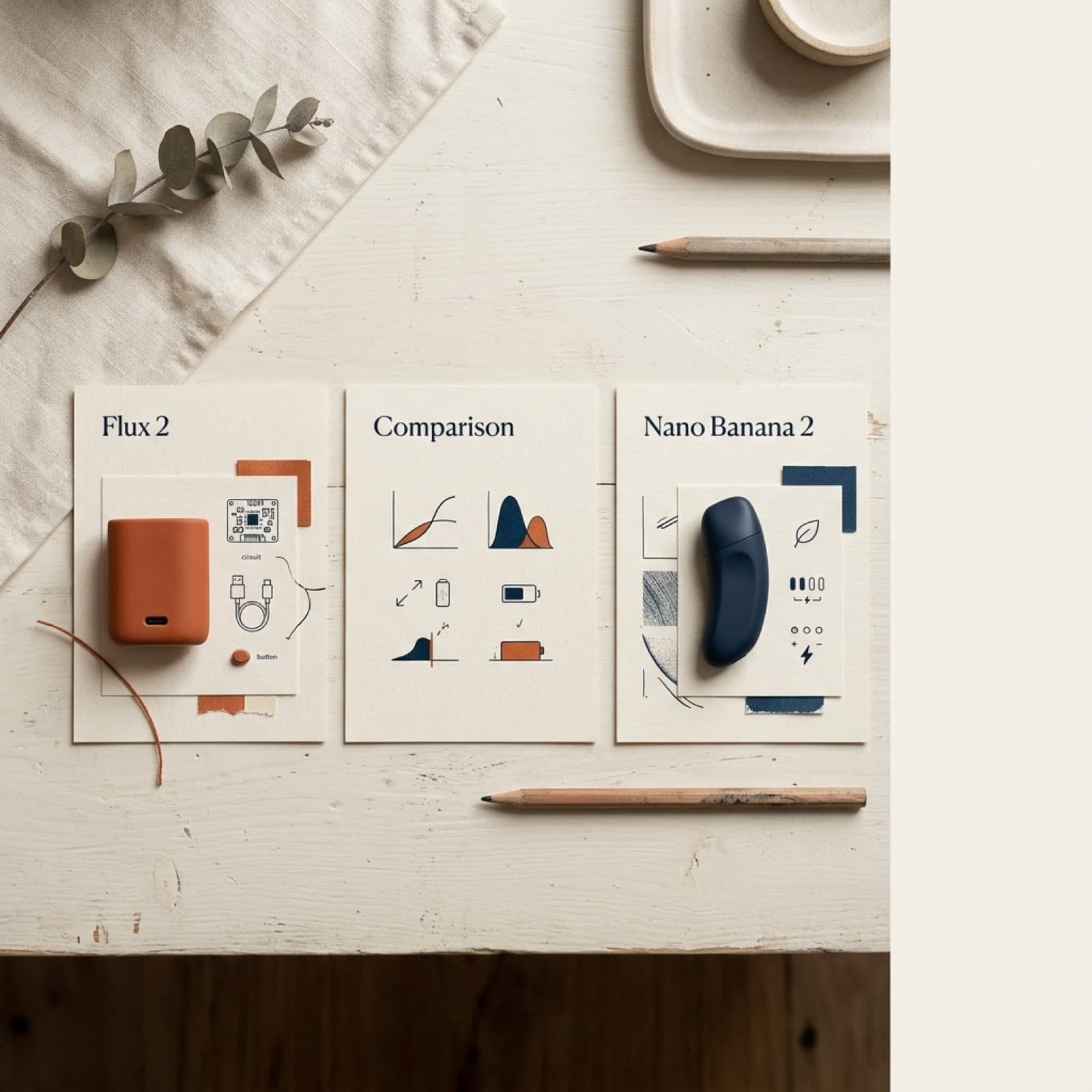 Overhead comparison spread of AI-generated product shots from two image models on a warm off-white Nordic studio surface