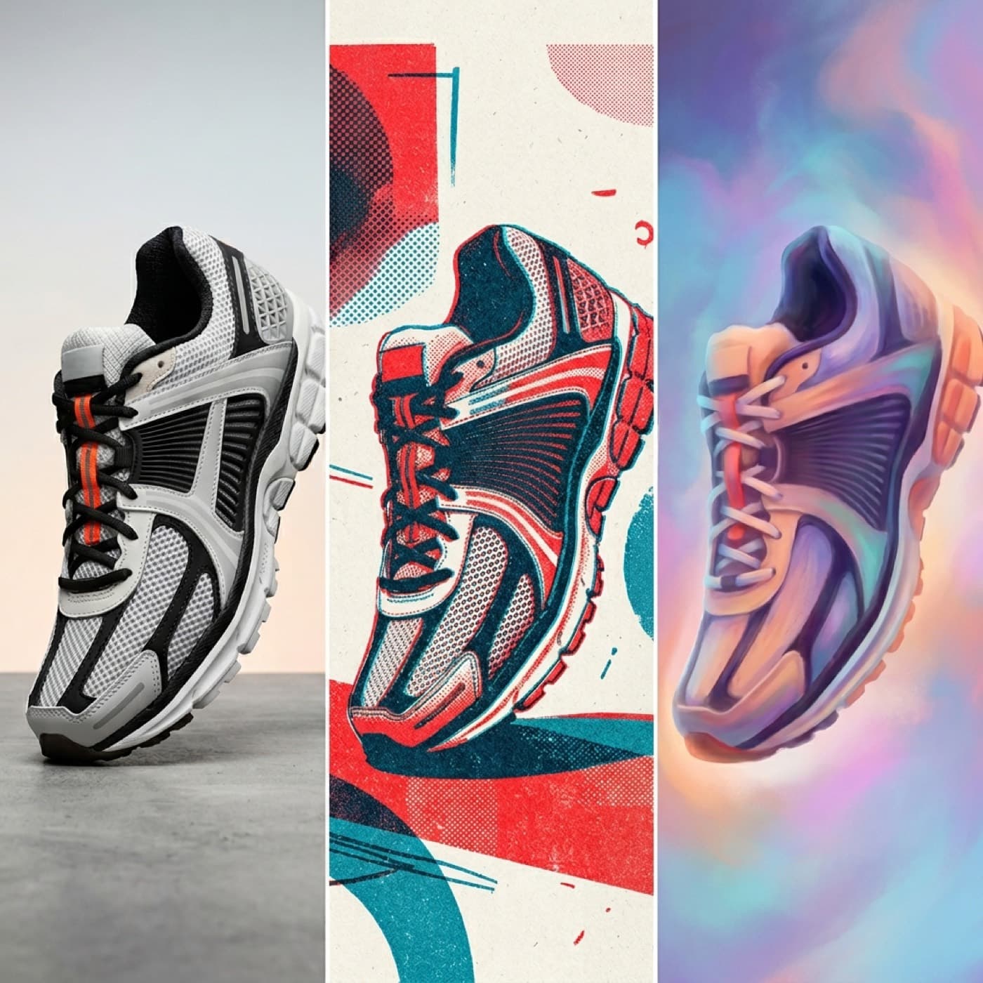 Tre-panel editorial flat lay af AI-genererede annonce-kreative prøver i nordisk studielys, ét fotorealistisk produktbillede, én plakat med overskrift, ét editorial fashion-billede