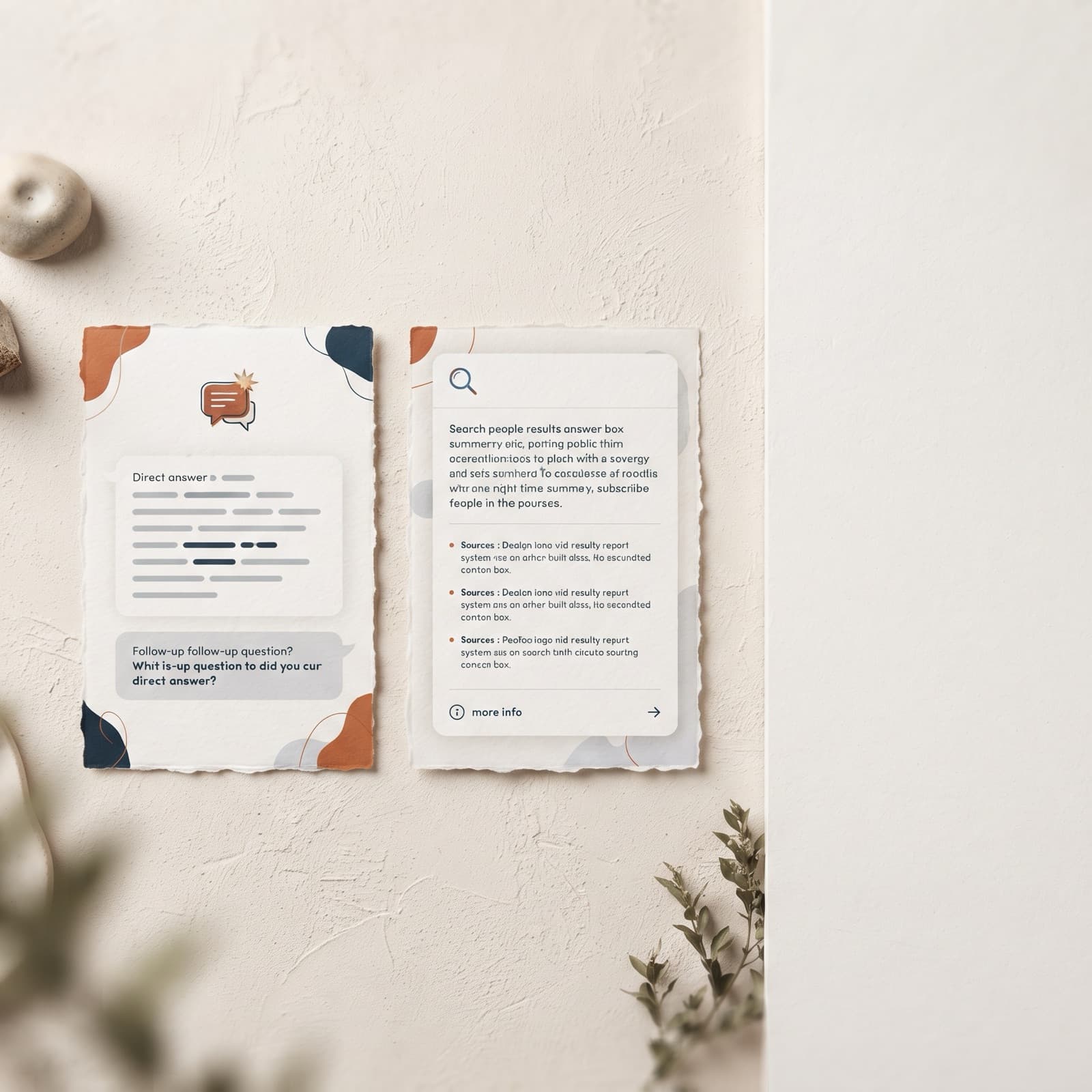 Editorial overhead flat lay of paper cards comparing Gemini and Google AI Overviews citations on a warm off-white Nordic surface
