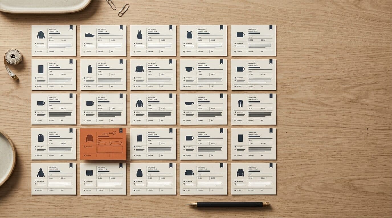En Merchant Center-lignende produktfeed-audit lagt ud oppefra, printede produktkort med små datamærkater for pris og tilgængelighed, nogle kort godkendt og et flagget i brændt orange for et manglende felt.