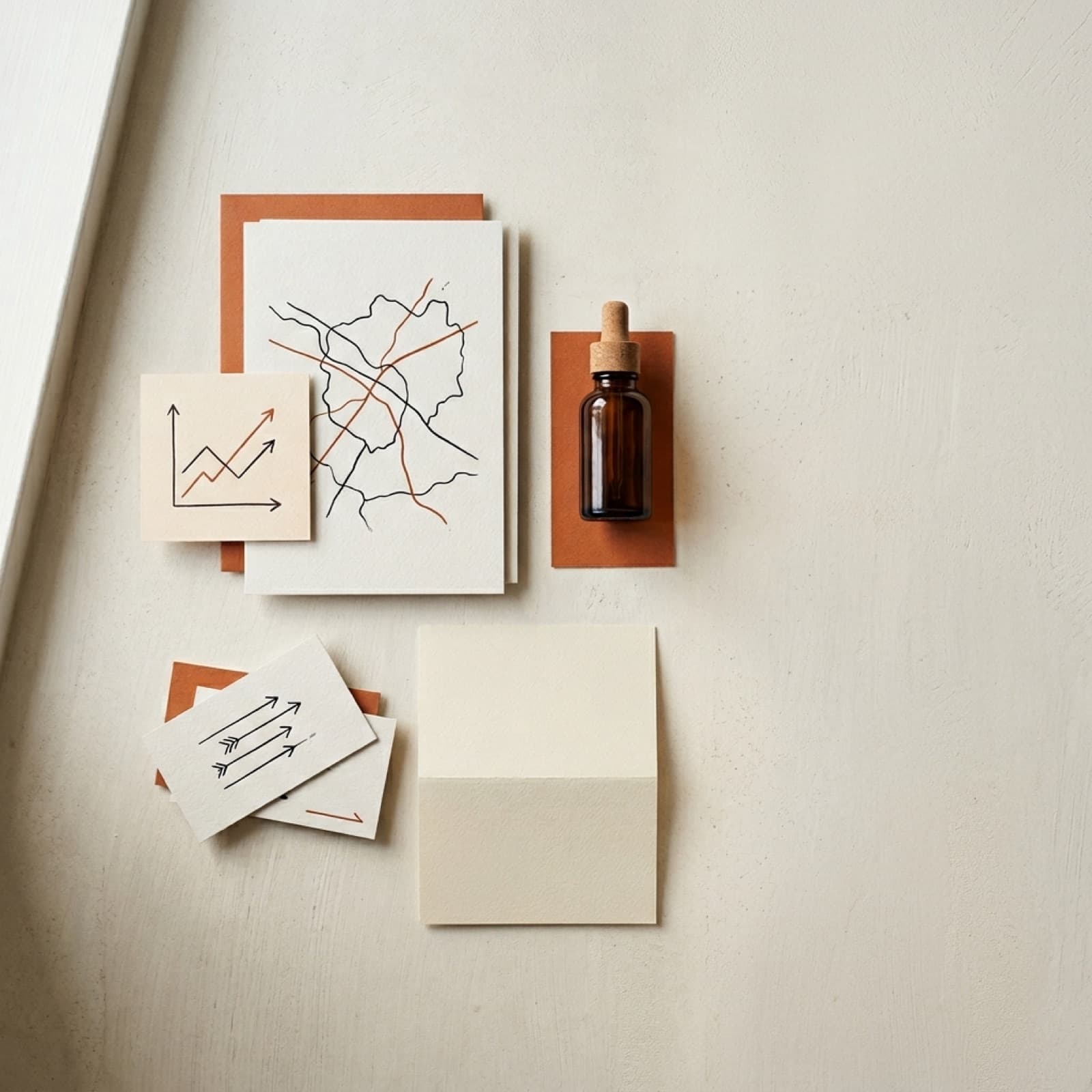 Redaktionelt flat lay af nummererede kort på en varm offwhite nordisk overflade, der antyder en GEO-readiness-ramme for DTC-brands.