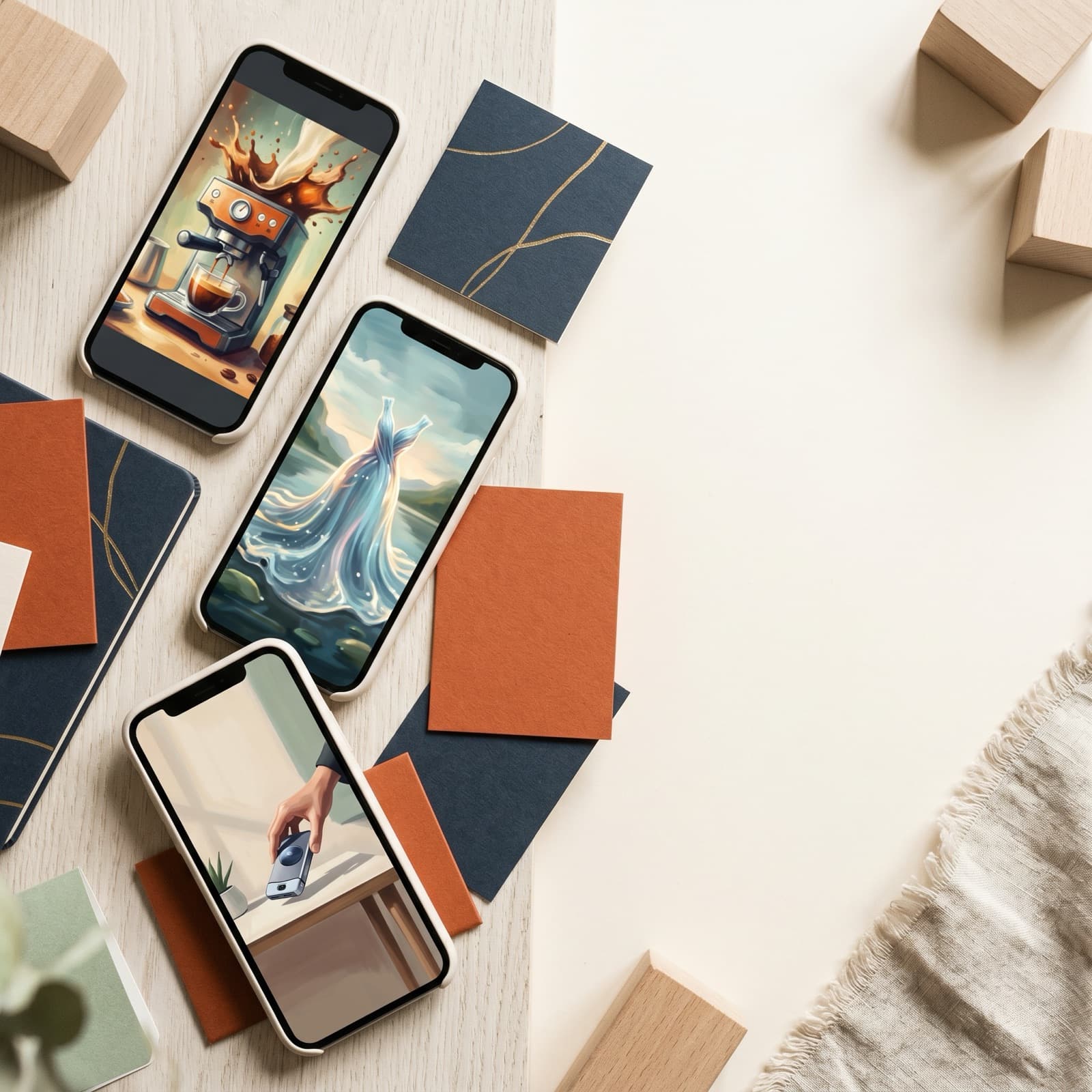 Redaktionel flat lay set oppefra af to lodrette telefonrammer pa en varm off-white nordisk studieflade, der repraesenterer konkurrerende AI-videomodeller til annonceproduktion
