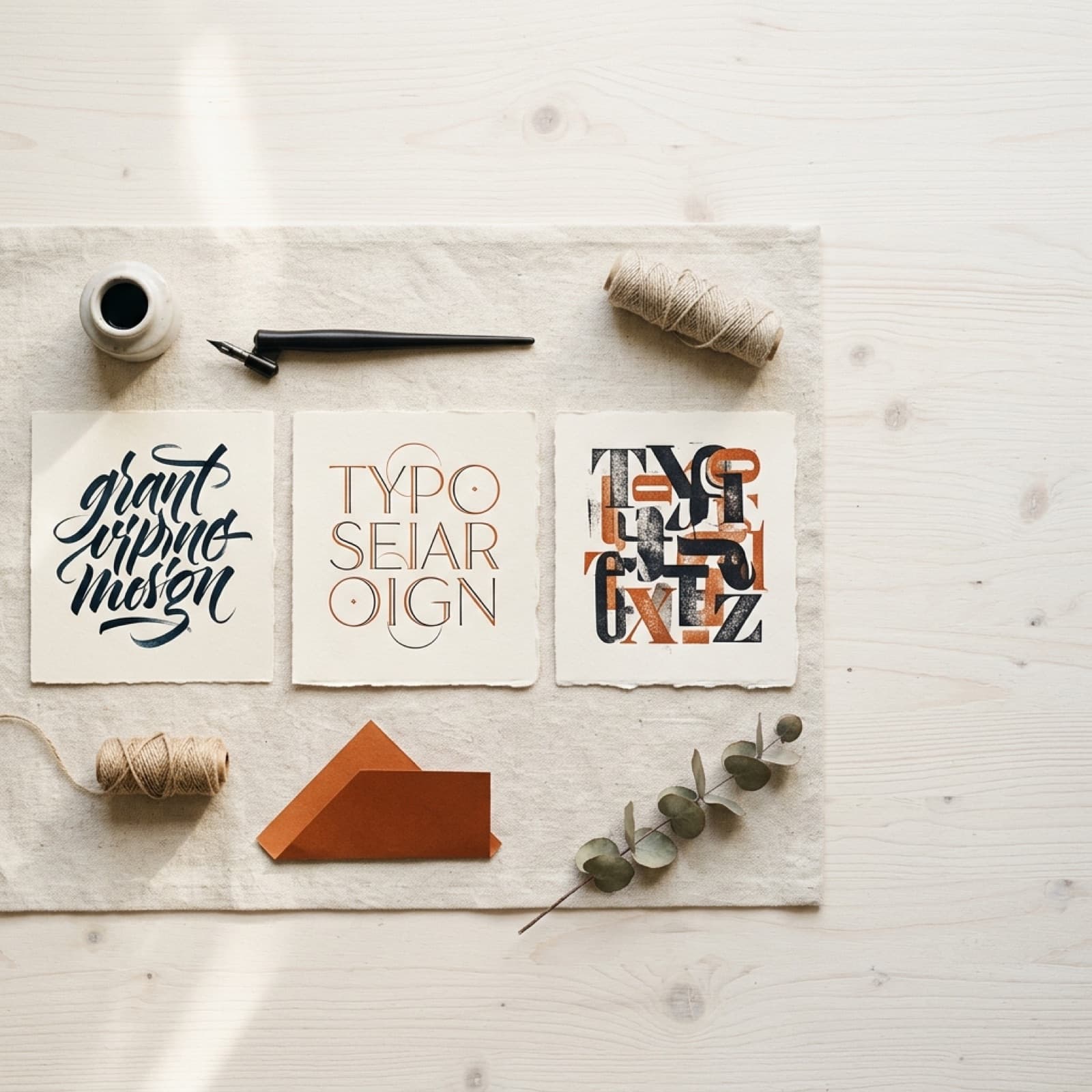 Editorial flat lay af fire printede annoncekort på en varm råhvid nordisk studieflade med et fed prisfelt, et tilbudsbadge, en flersproget etiket og tekst trykt på produktemballage