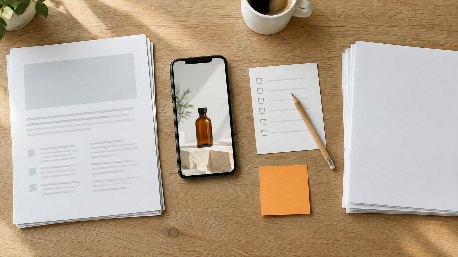 Overhead view of a light oak desk with a printed product fact sheet, a phone showing a vertical ad of an unlabelled amber bottle on a stone block, a short checklist with a pencil, an orange sticky note and a second stack of blank paper