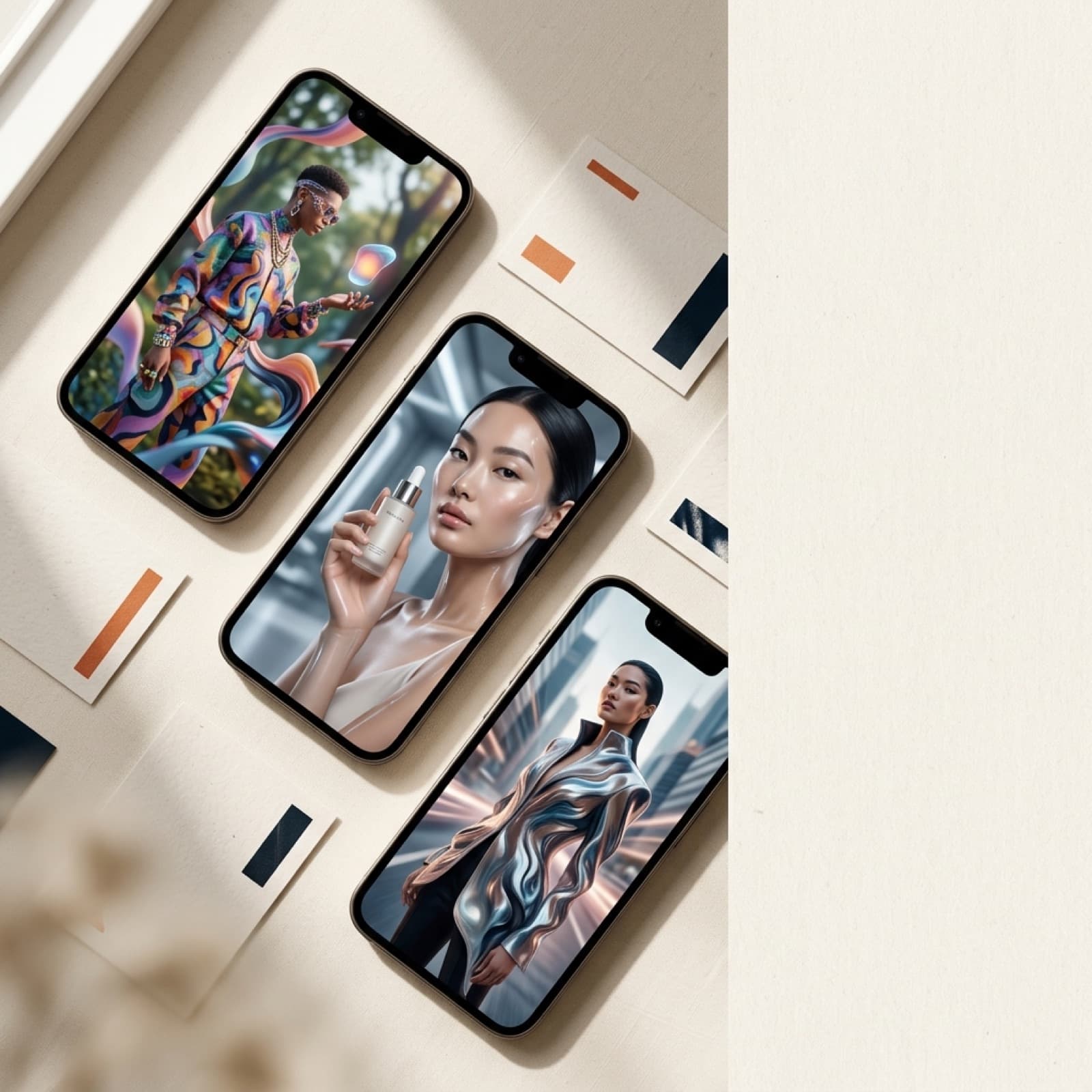 Editorial overhead flat lay of two matte film canisters in burnt orange and deep ink on a warm white Nordic surface representing Kling 2 and Runway Gen-4 for UGC ads