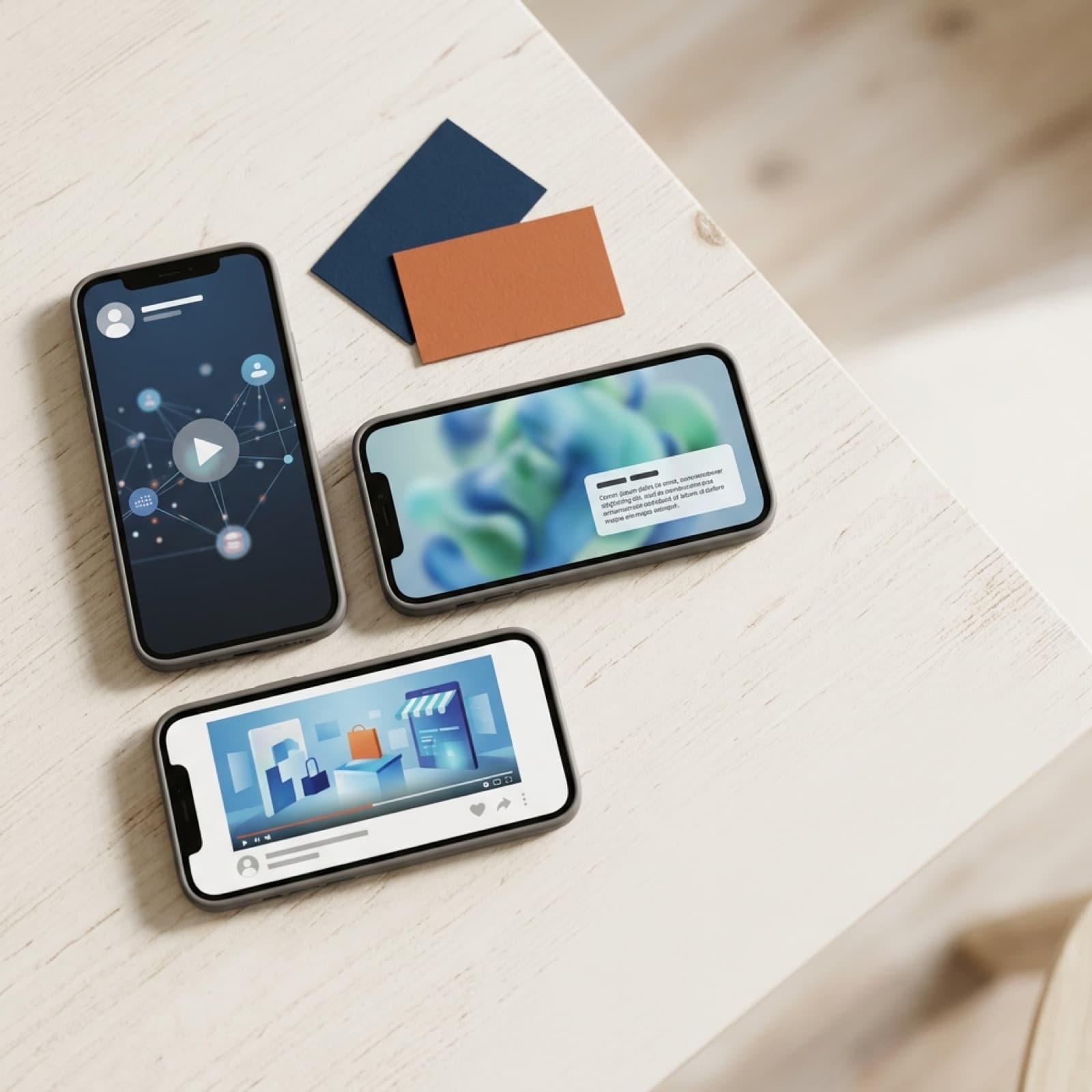 Redaktionel oversigts-flat-lay af en enkelt LinkedIn-annonce-mockup på en varm off-white nordisk studieflade med dyb blæk og brændt orange papir-accenter.