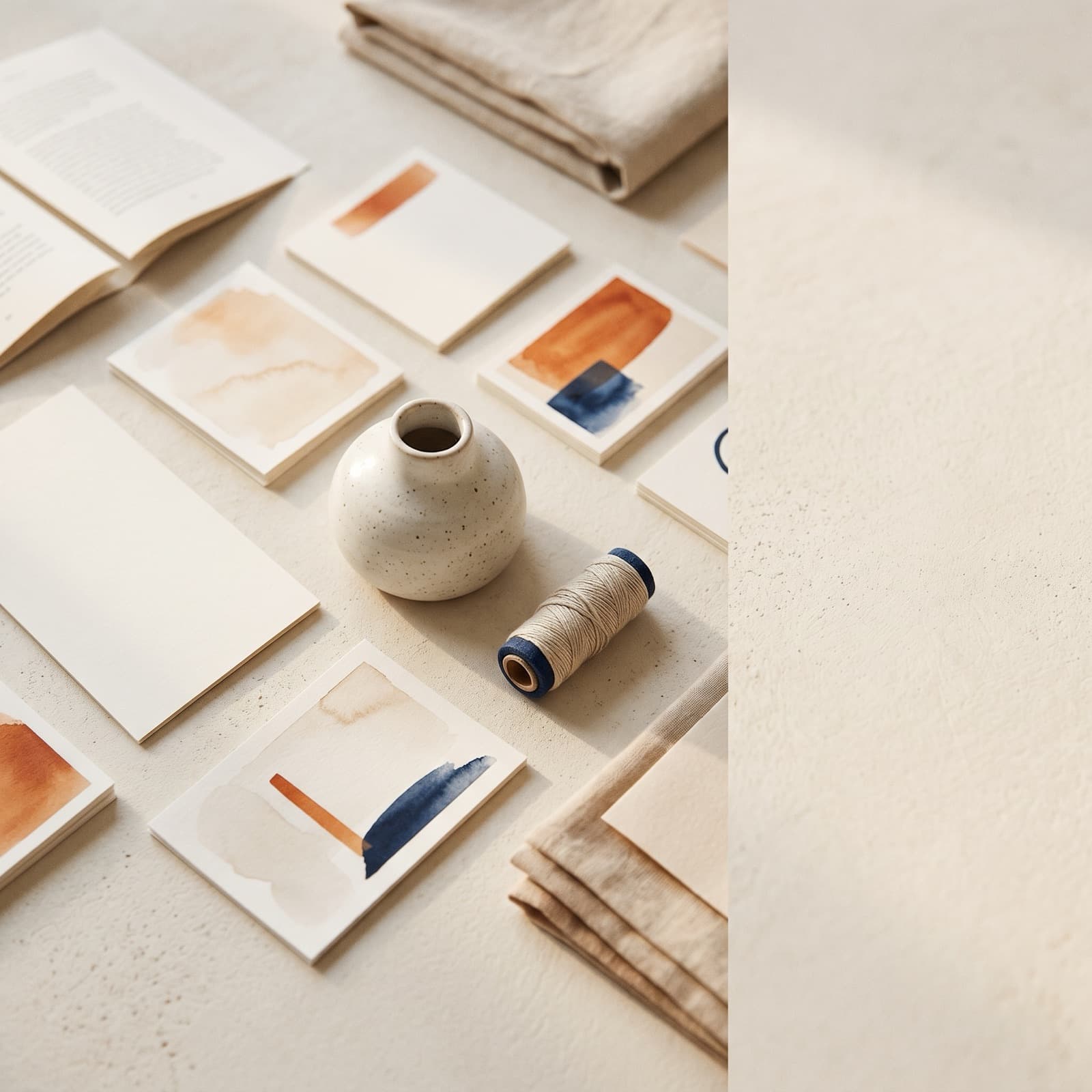 Redaktionelt flat lay af mærkede kort arrangeret som et kurateret indeks på en varm offwhite nordisk overflade, der antyder et llms.txt-kort.