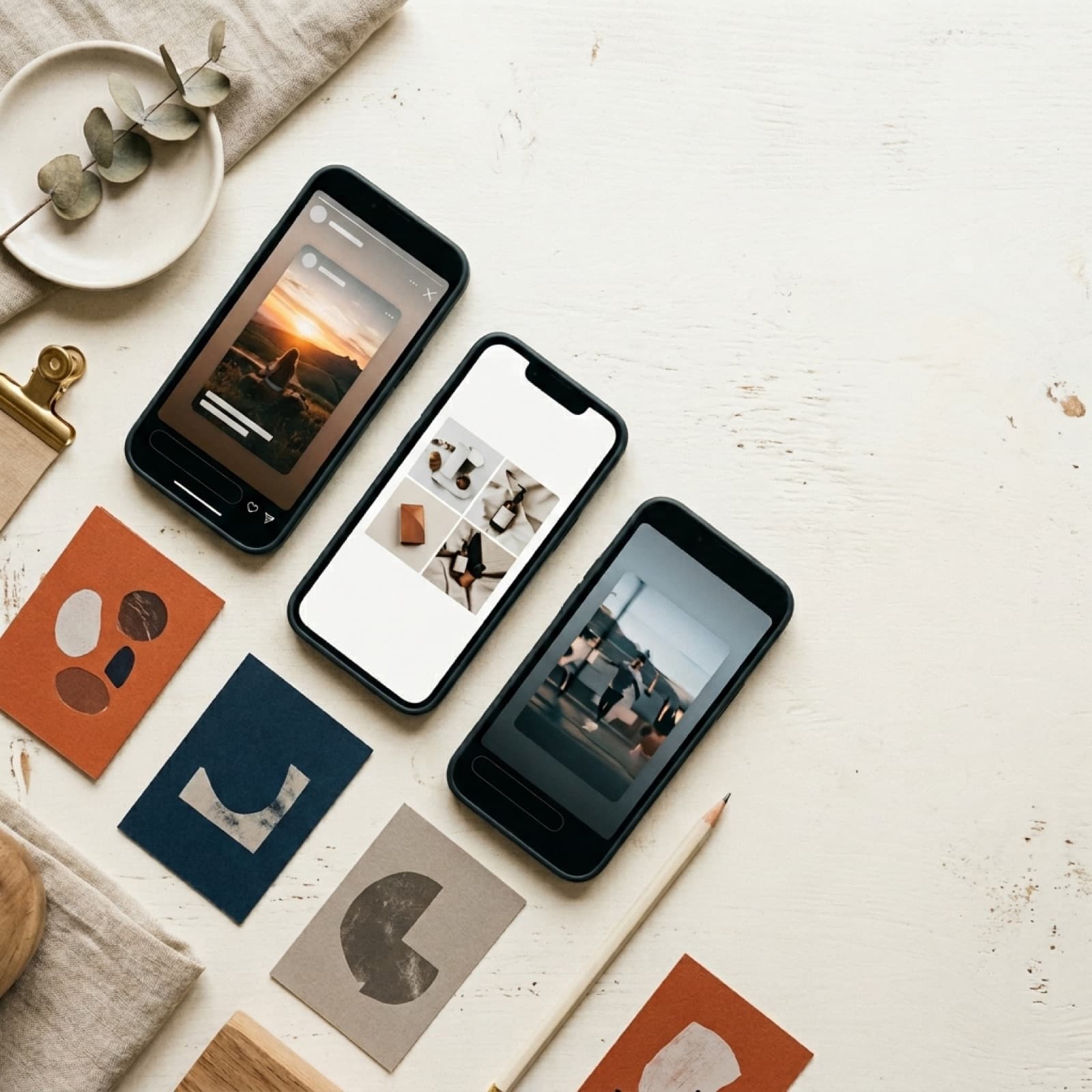 Editorial overhead flatlay af tre telefoner med forskellige Meta Advantage Plus annonceflader, papir variant-kort på en varm off-white nordisk overflade.