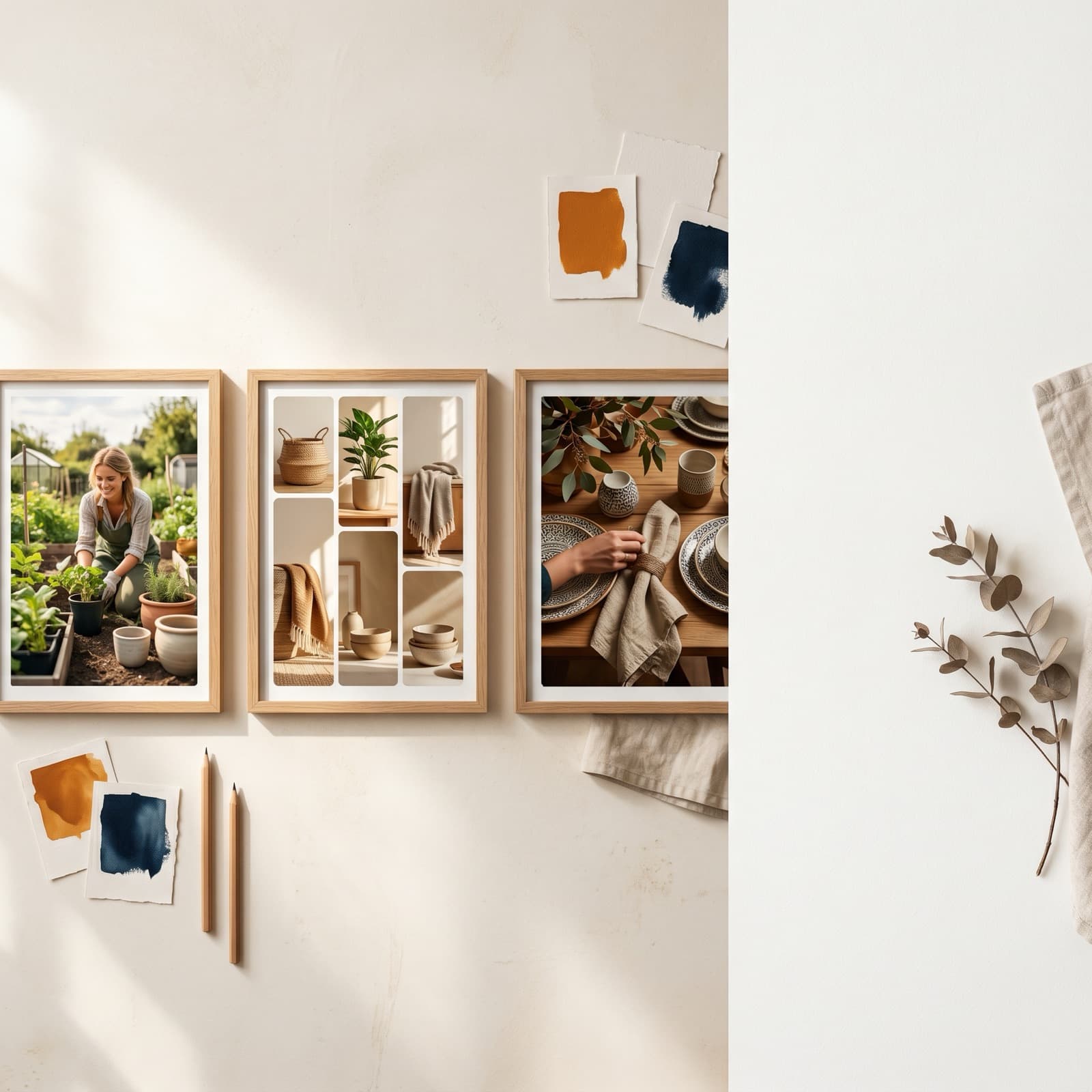 Redaktionel oversigts-flat-lay af tre vertikale 2:3 Pinterest-Pin-rammer, der viser distinkte annonceformater på en varm off-white nordisk studieflade med brændt orange og dyb blæk papir-accenter.