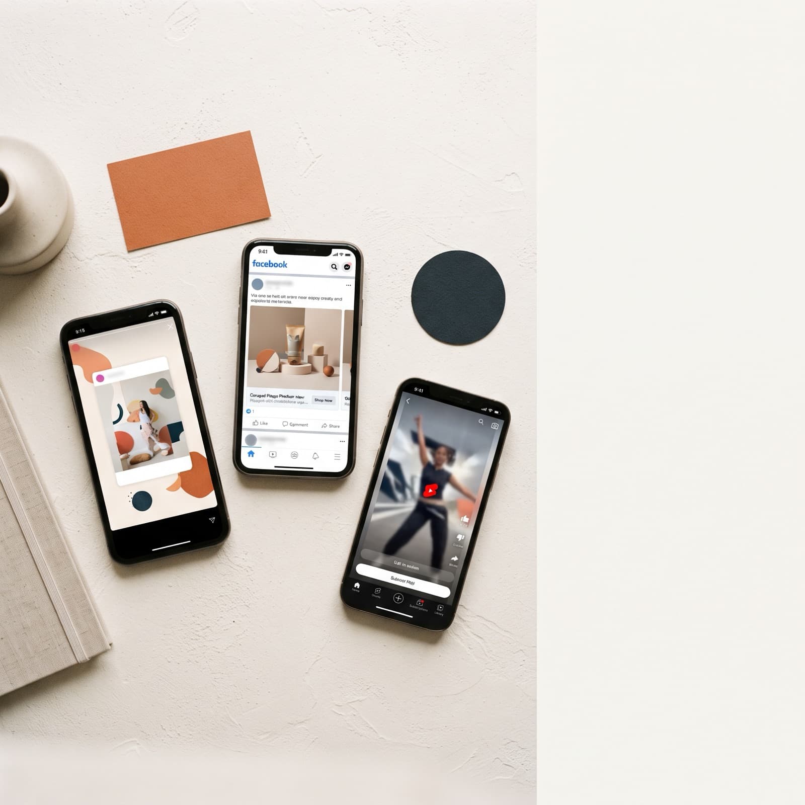 Editorial overhead flatlay på en varm off-white nordisk overflade, to telefonrammer der viser et Google Performance Max asset-spread og en Meta Advantage Plus-placering, med papir variant-kort imellem.
