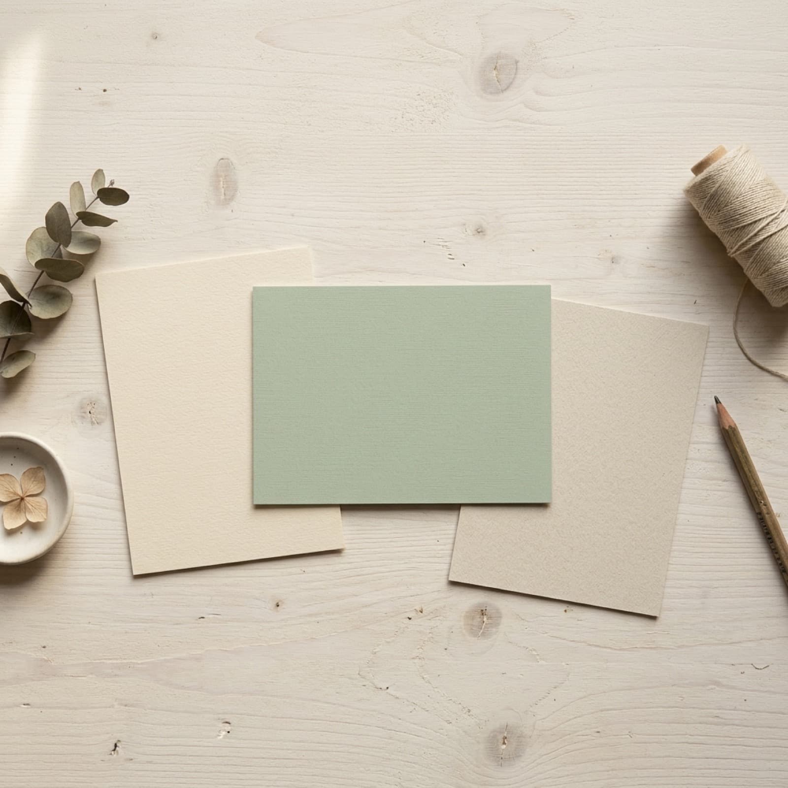 Editorial flat lay af tre printede annoncekort på en varm råhvid nordisk studieflade, hver med et fed prisskilt, et tilbudsbadge og en flersproget etiket