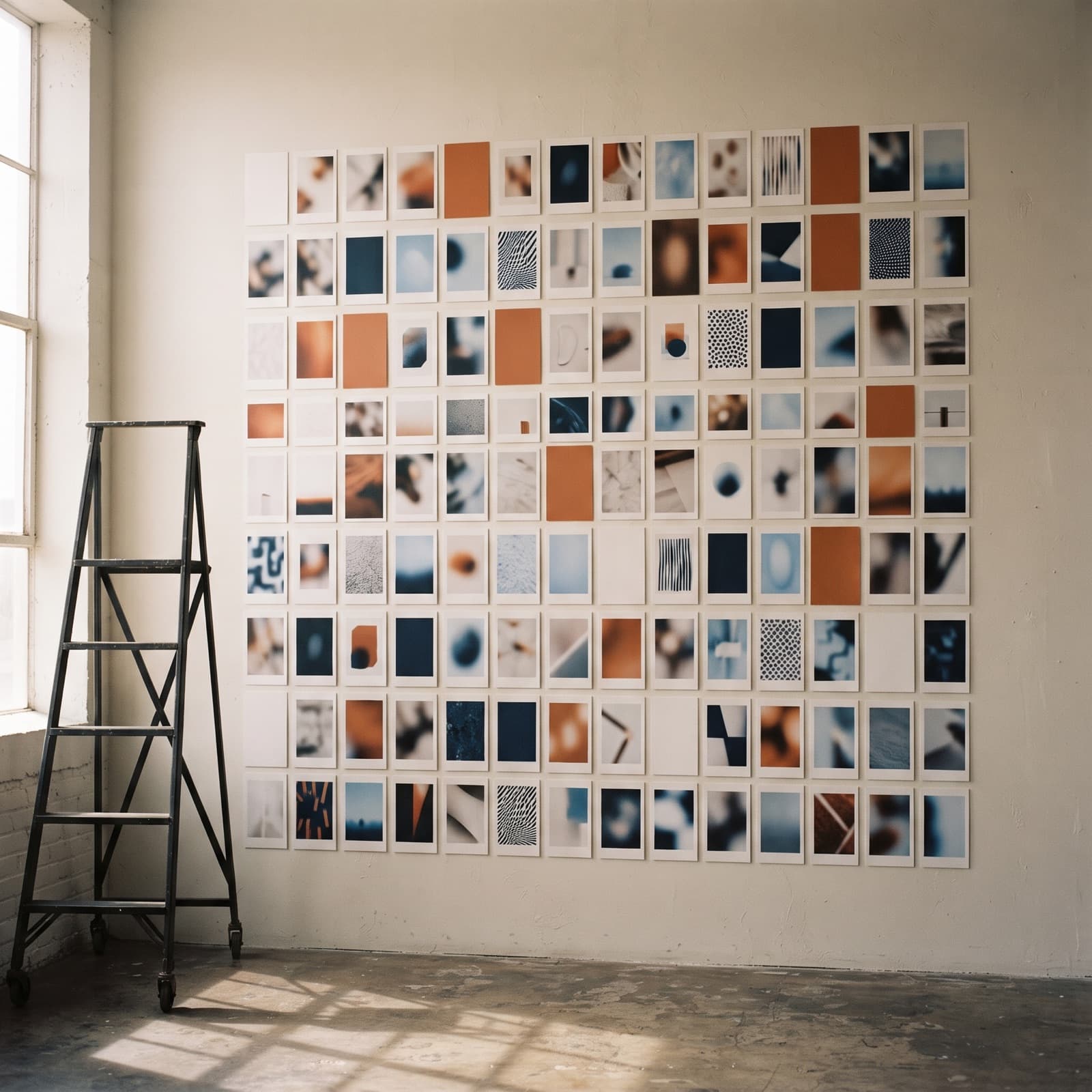 En studievæg dækket af et tæt gitter af omkring hundrede små printede kort i ugentlige kolonner, flere tonet brændt orange, med en rullestige ved siden.