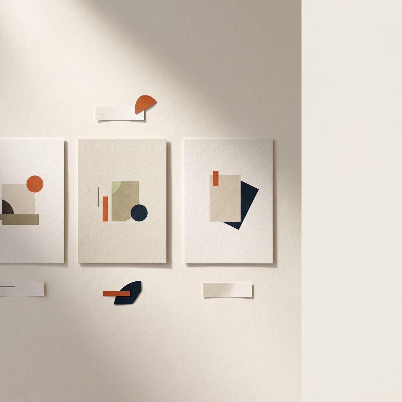 Redaktionel overhead flat lay af tre mærkede AI-billedmodel-output-kort ved siden af en brand style guide og en kontraktside på en varm off-white nordisk studie-overflade.