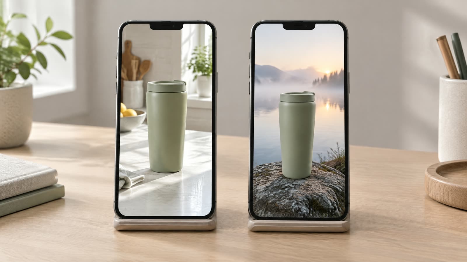 To smartphones, der står oprejst side om side på et skrivebord, hver med en lodret video af det samme matgrønne termokrus i forskellige omgivelser, den ene i et køkken og den anden udendørs