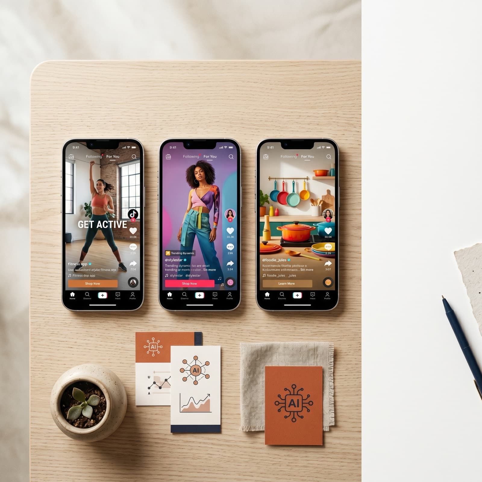 Redaktionel oversigts-flat-lay af tre vertikale telefonrammer, der viser distinkte TikTok-annonce-hook-åbnere på en varm off-white nordisk studieflade med brændt orange og dyb blæk papir-accenter.