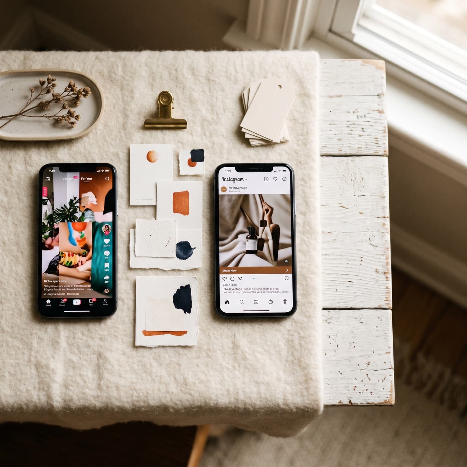 Editorial overhead flat lay of two phone frames on a warm off-white Nordic surface, one showing a TikTok Spark Ads post and one showing a Meta Advantage Plus placement, with paper variant cards between them.