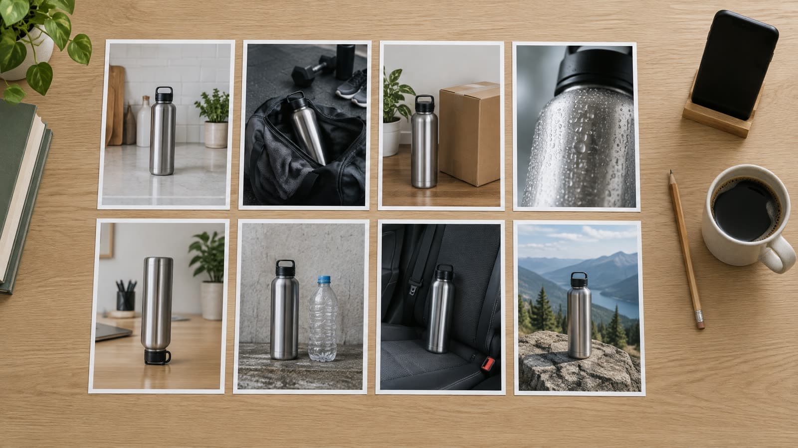 Overhead view of a light oak desk with eight printed photos in a grid, each showing the same plain steel water bottle in a different scene, from a kitchen counter and a gym bag to a mountain view, beside a phone on a stand, a pencil and a coffee mug