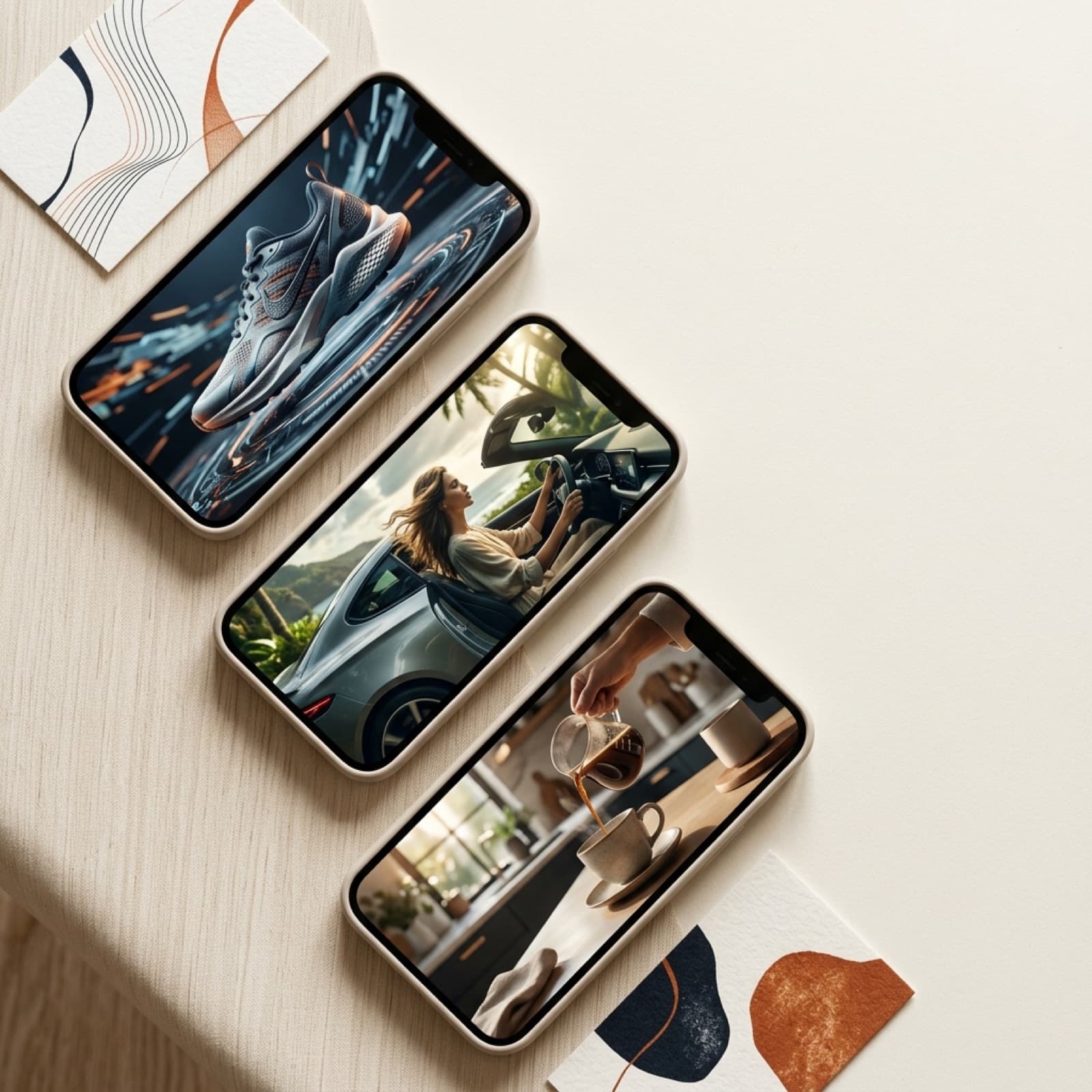 Redaktionel flat lay set oppefra af to matte filmdaser pa en varm off-white nordisk studieflade, der repraesenterer konkurrerende AI-videomodeller til annonceproduktion