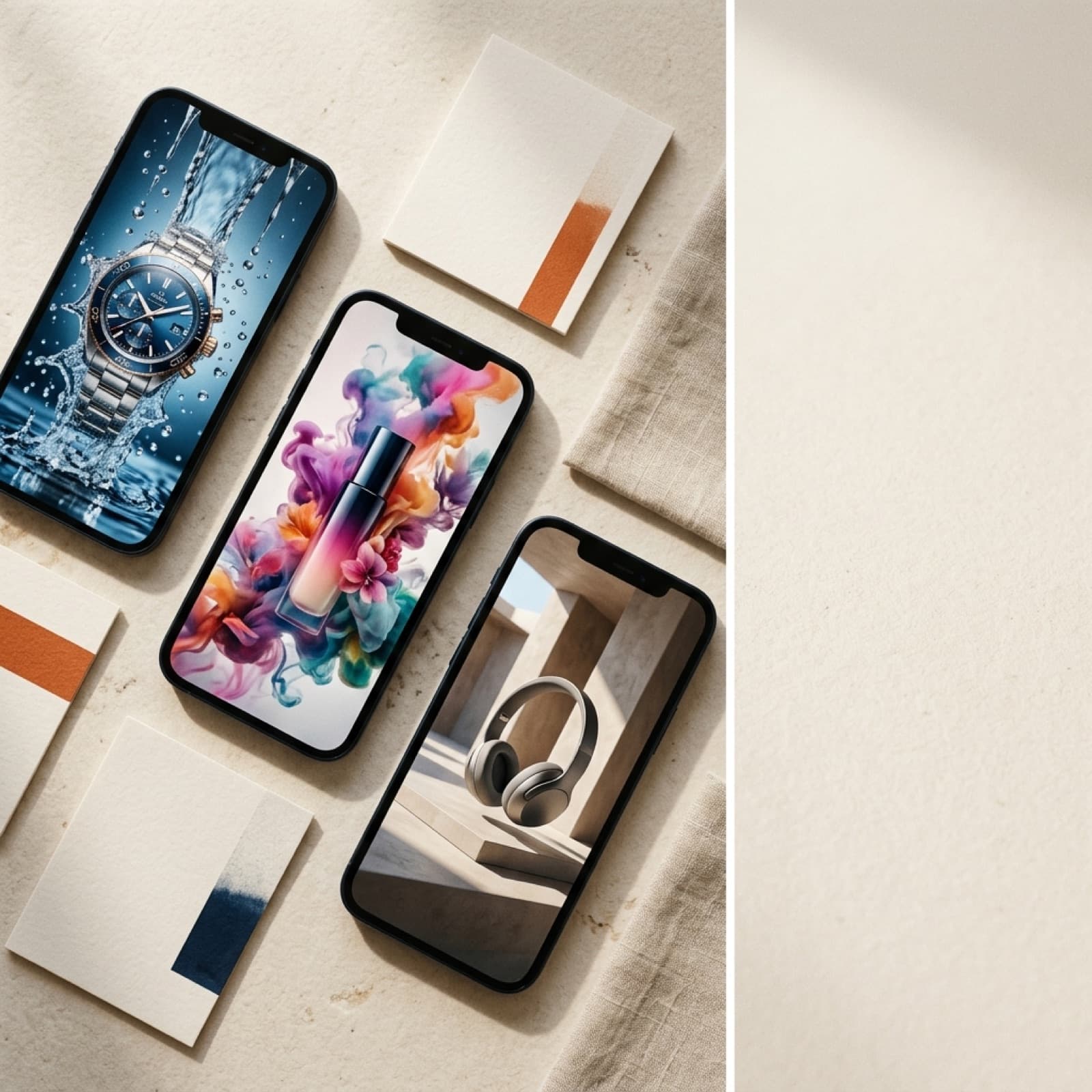 Editorial overhead flat lay of two matte product bottles on a warm off-white Nordic studio surface representing competing AI video models for product ad production