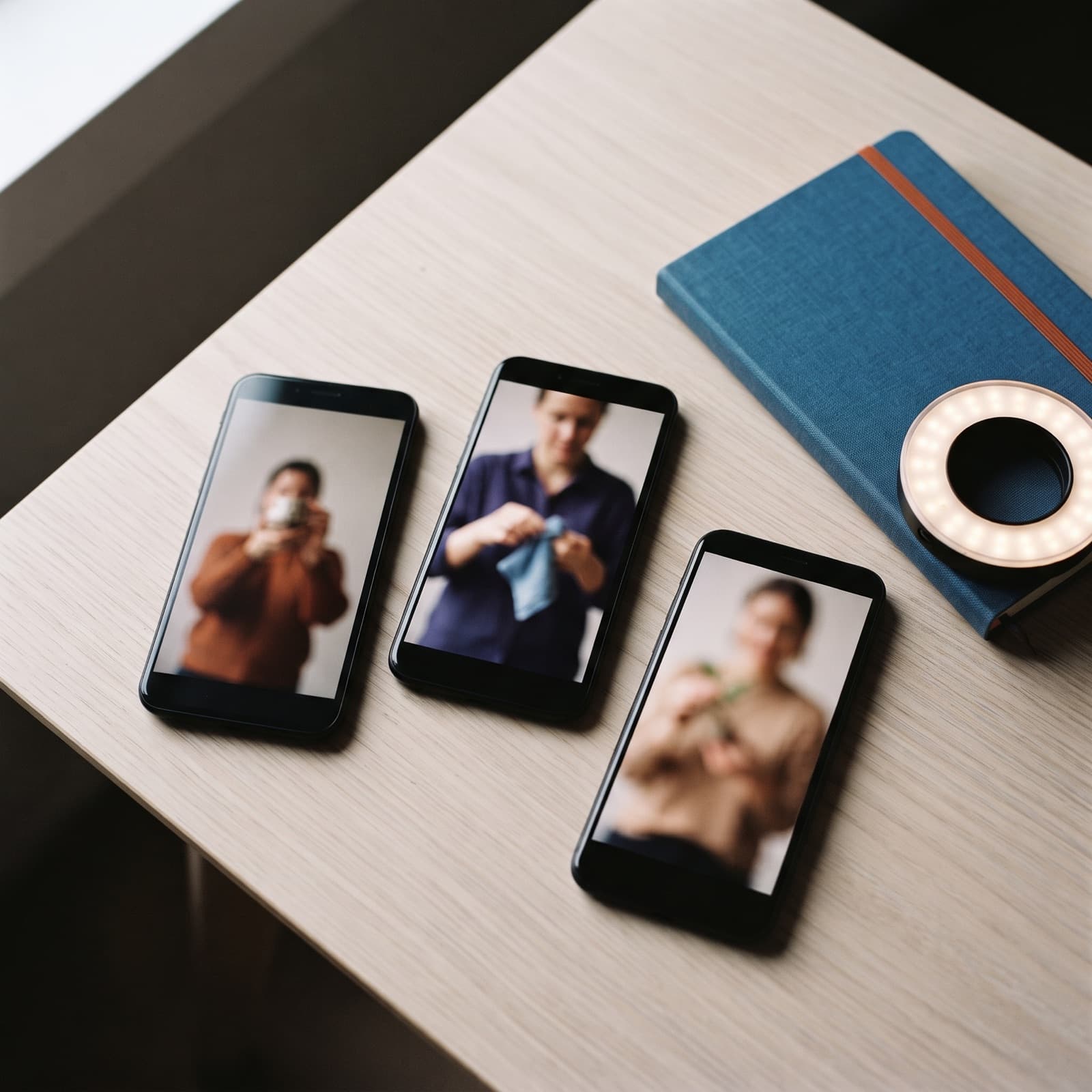 Three smartphones on a light wooden table, each screen showing a soft blurred vertical video still of a person holding a product, beside a blue notebook and a ring light.
