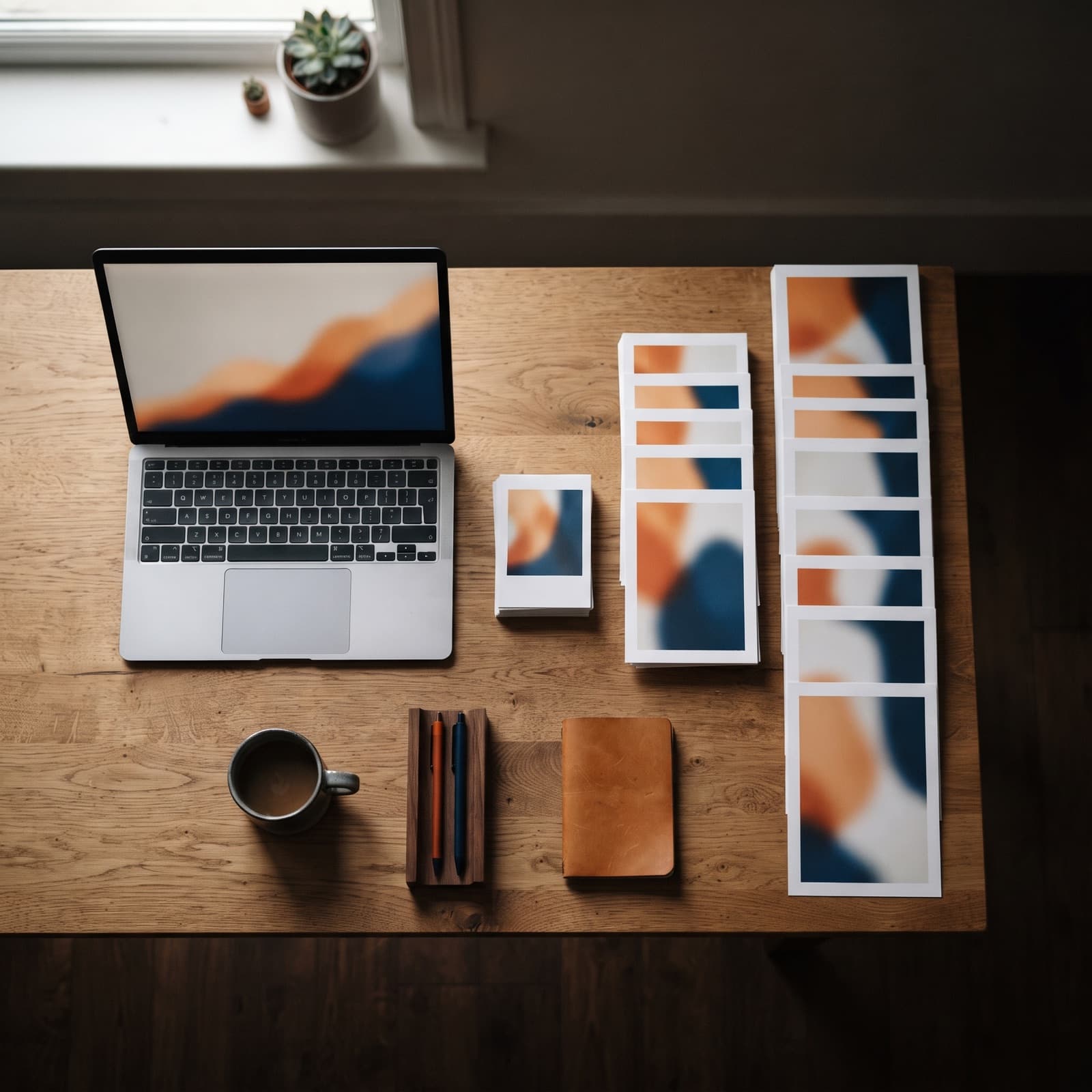 A media buyer's desk with a laptop showing a blurred rising performance curve in orange and blue, beside piles of printed ad frames growing from a single card to a tall stack.