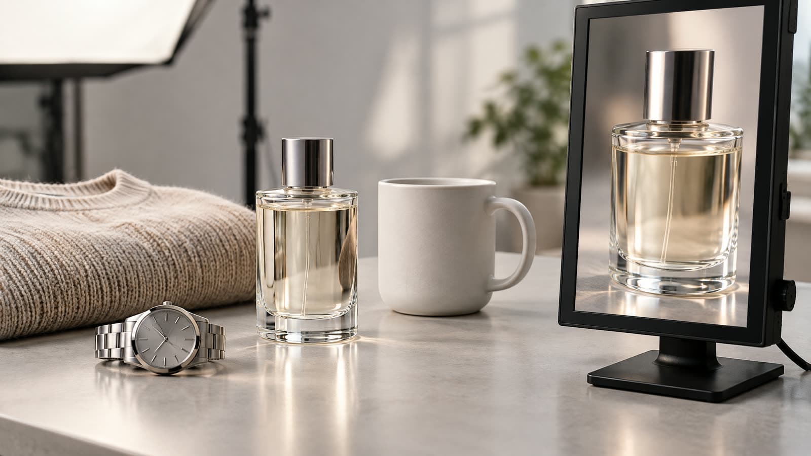 Products in different materials on a studio table under soft light, a glass perfume bottle, a matte ceramic mug, a knitted sweater and a steel watch, with a vertical monitor beside them showing a close-up frame of the glass bottle