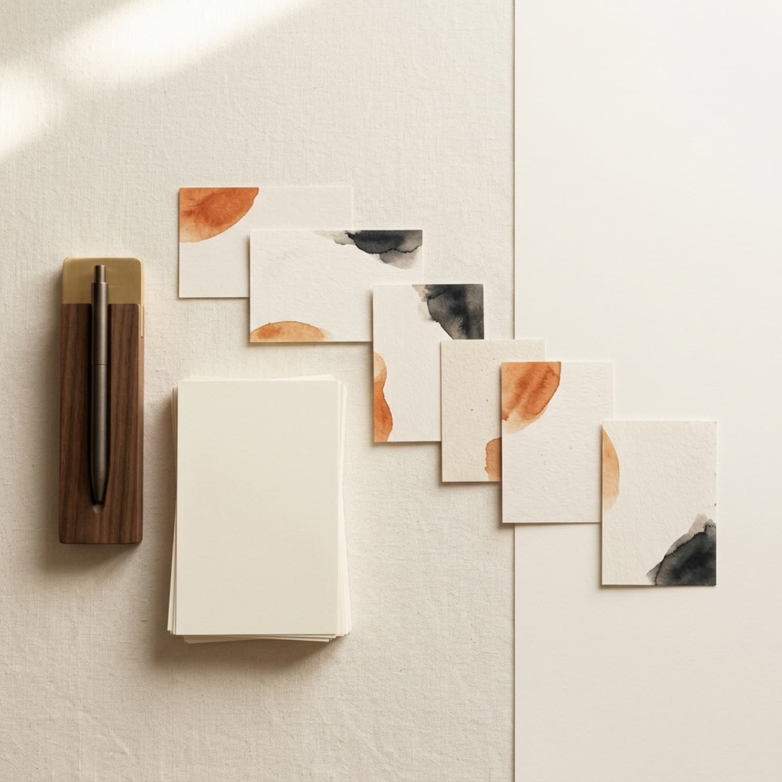 Overhead flat lay af papirkort, der rangerer AI-bureaukilder efter bevistaethed paa en varm off-white nordisk overflade.
