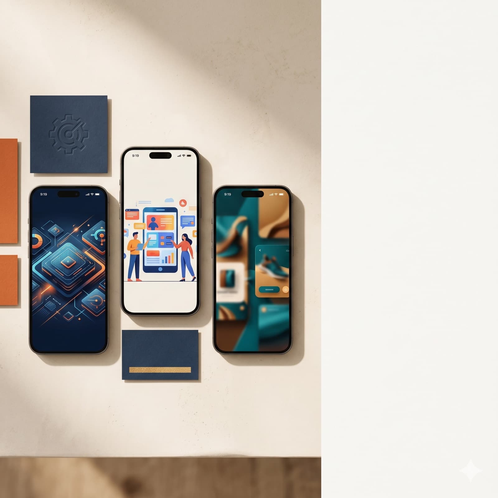 Redaktionel oversigts-flat-lay af tre vertikale 9:16 telefonrammer, der viser distinkte YouTube Shorts-annonce-åbnere på en varm off-white nordisk studieflade med brændt orange og dyb blæk papir-accenter.