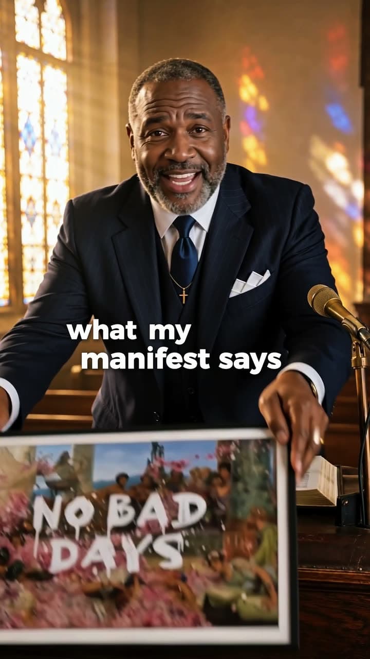 Andy Okay-karakterannonce: en prædikant ved en solbeskinnet prædikestol læser sit manifest op og holder plakaten NO BAD DAYS op mod kameraet.