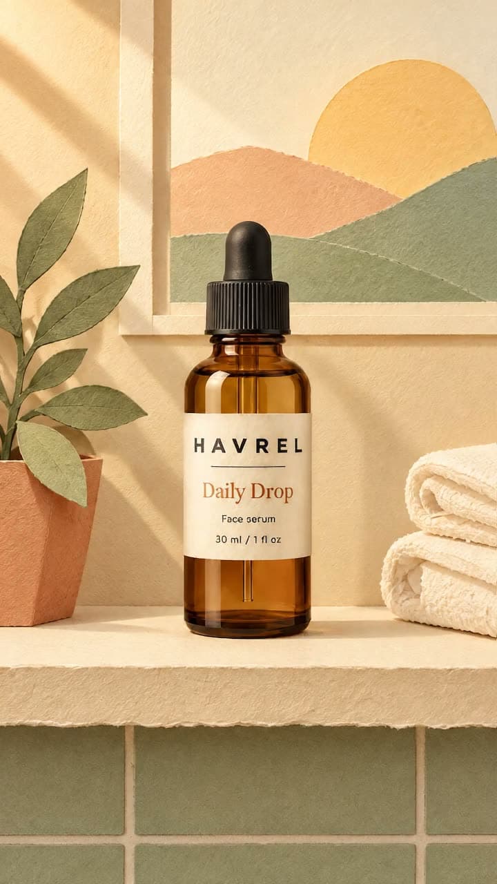 Approved take 3 of the HAVREL paper scene: the amber bottle with its exact label on a paper shelf at sunrise