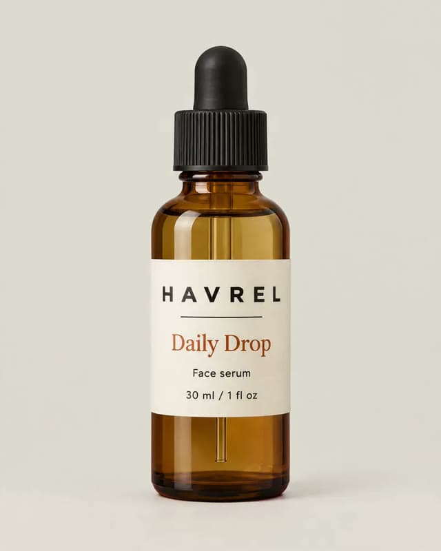 Statisk produktbillede af det fiktive serum HAVREL Daily Drop, brugt til motion-demoen