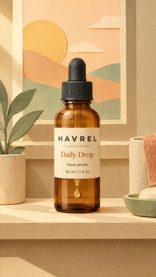 Rejected take from the studio demo for the fictional HAVREL serum: a golden drop icon has appeared on the bottle label