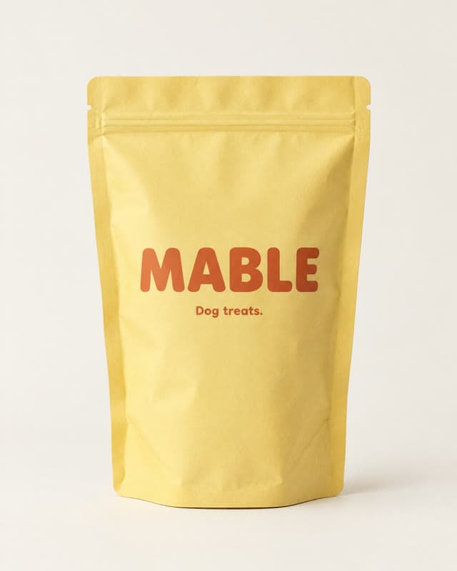 Studio packshot of the fictional MABLE dog-treat pouch the animated scene was built from
