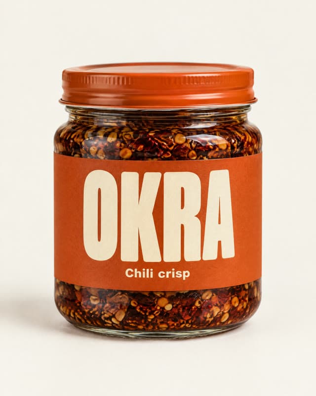 Static packshot of the fictional OKRA chili crisp jar