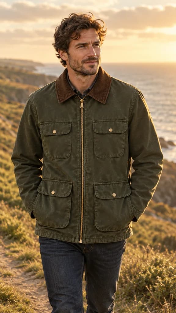 Ad photo: a man walks a coastal path at golden hour wearing the olive jacket, which has two flapped chest pockets