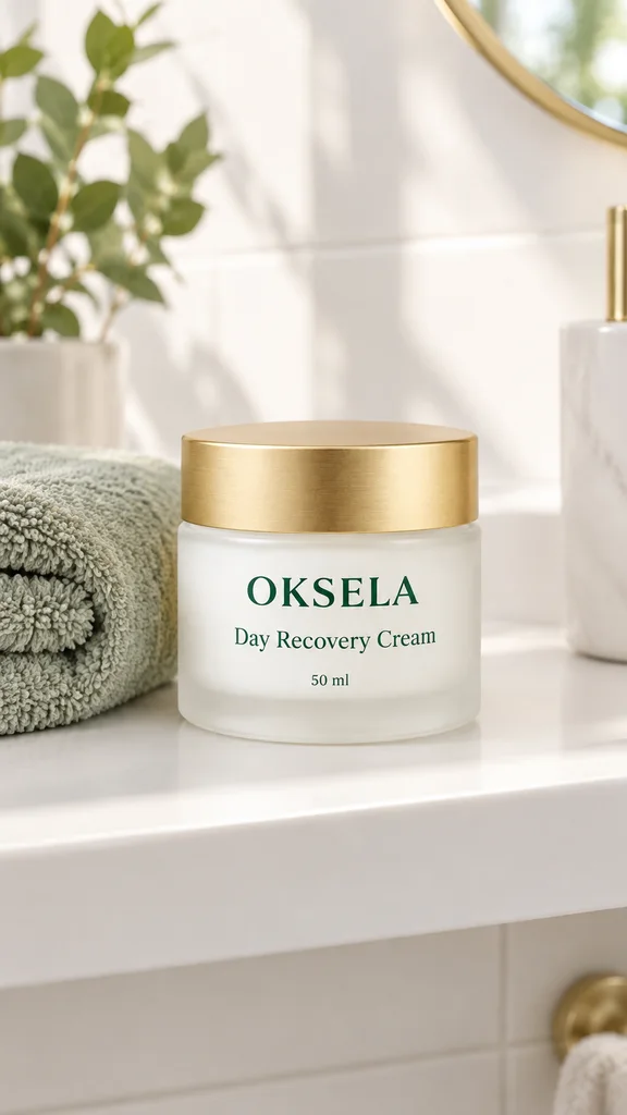 Video frame at 0:09: the same jar on a bathroom shelf, label now reading Day Recovery Cream
