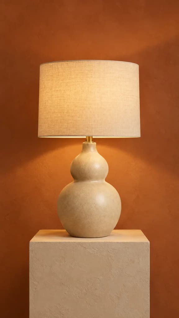 Ad photo: the lit PELTO lamp alone on a plaster plinth against a terracotta wall, with nothing nearby to show its size