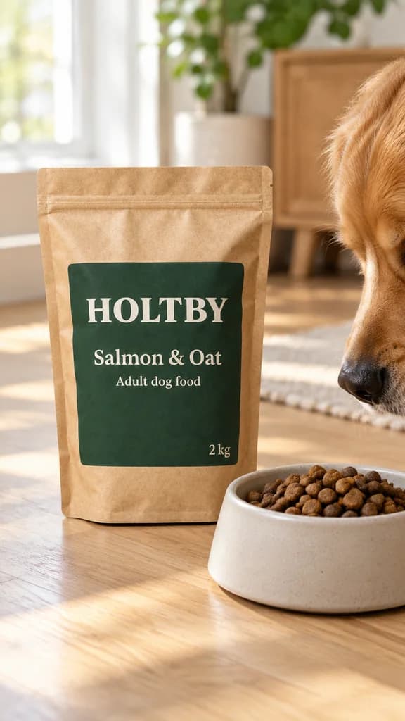 Ad photo: the HOLTBY pouch on a kitchen floor beside a bowl of kibble, a golden retriever's nose entering the frame