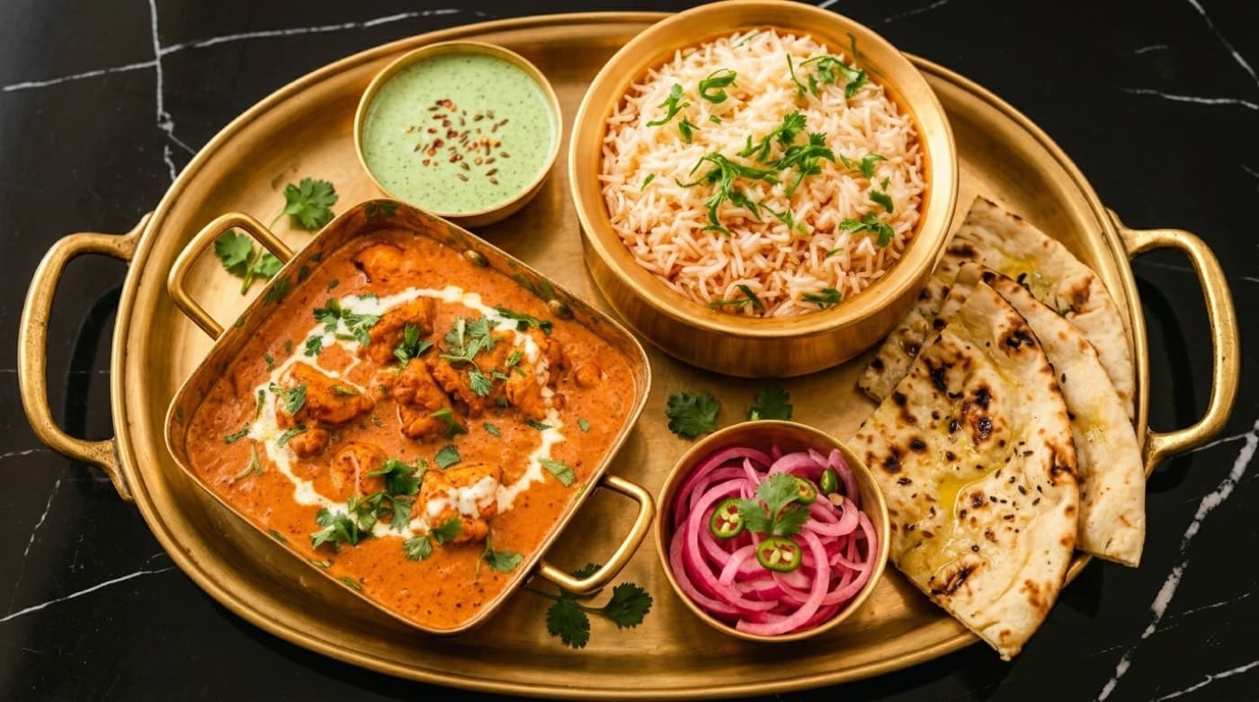AI-genereret madfoto for IndianBites: gylden kylling tikka-thali på mørkt marmor.