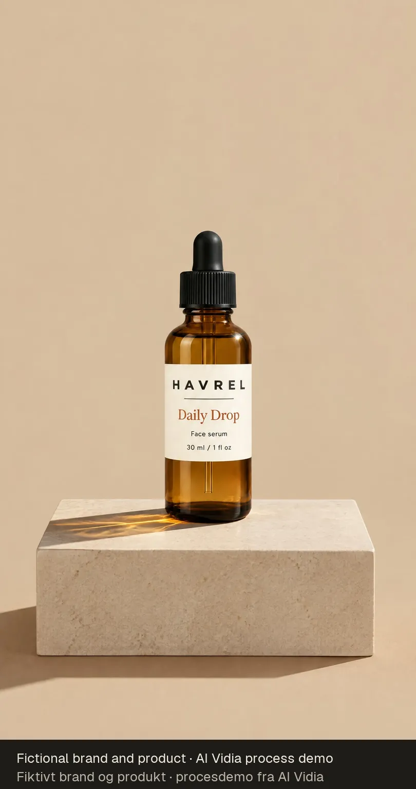 Ad frame: the HAVREL bottle alone on a pale limestone block in hard amber light against a sand backdrop