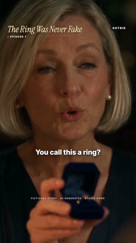 Eleanor holds up the ring box at the dinner table