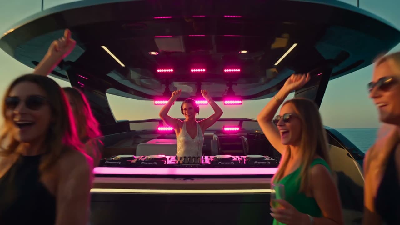 AI Vidia work: Sunset yacht party. AI-generated cinematic hospitality content