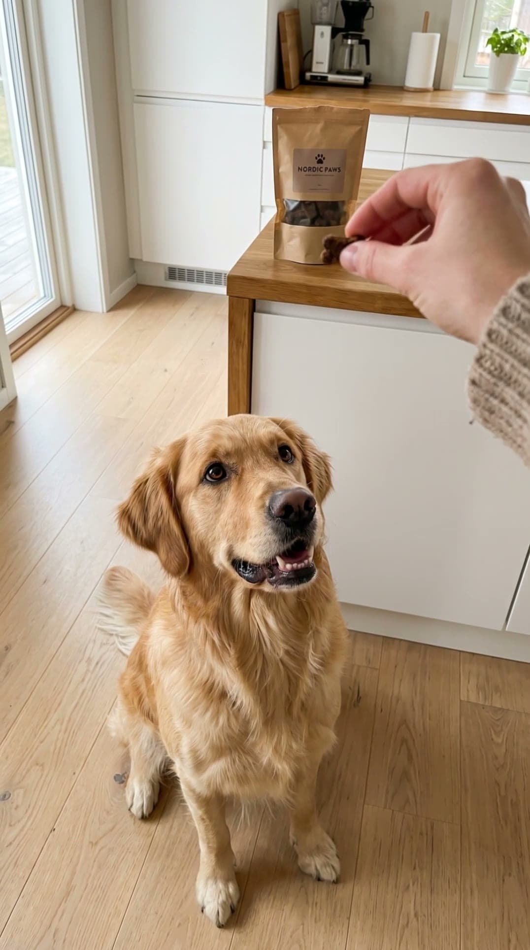 AI-generated spec ad for a fictional dog treat brand: a hand offers a golden retriever a treat from an unbranded kraft pouch in a bright kitchen