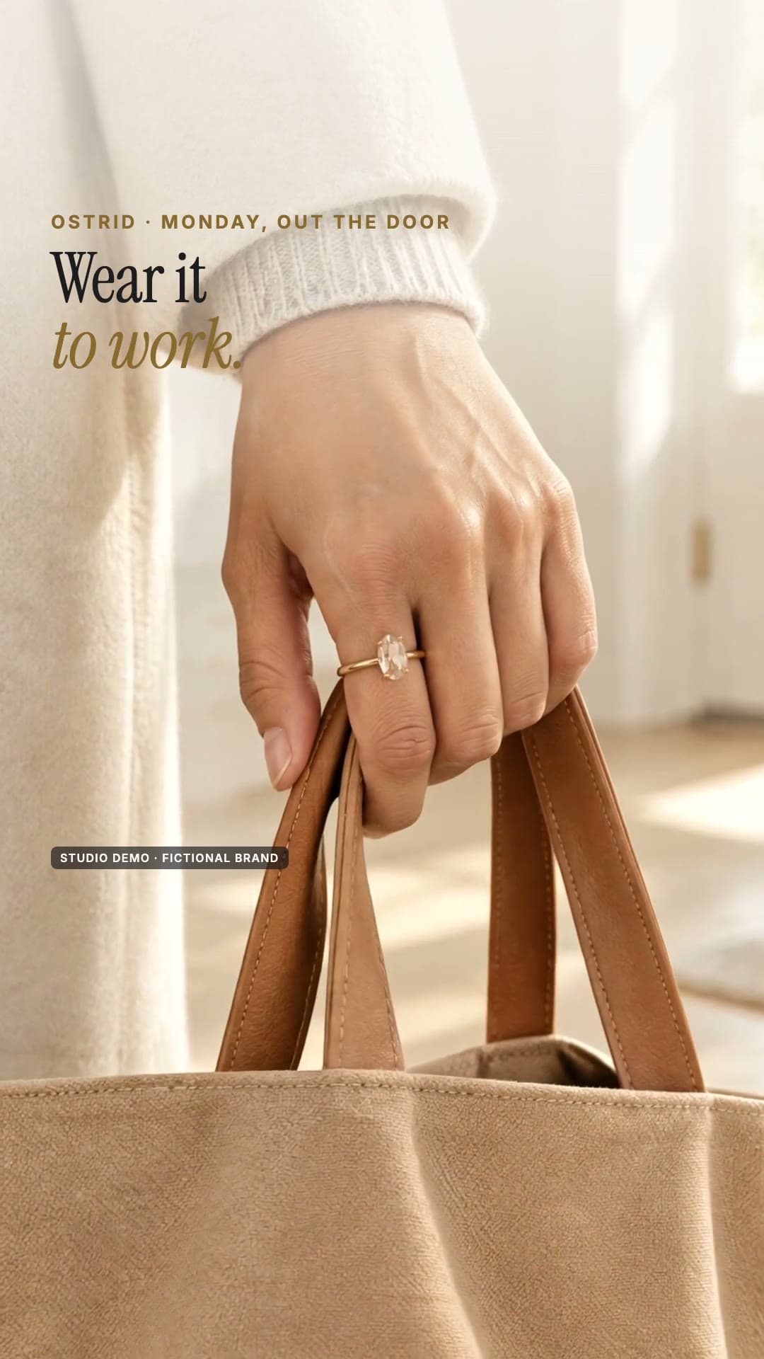 OSTRID Reels frame: a hand wearing the ring holds a canvas tote, headline Wear it to work (studio demo, fictional brand)