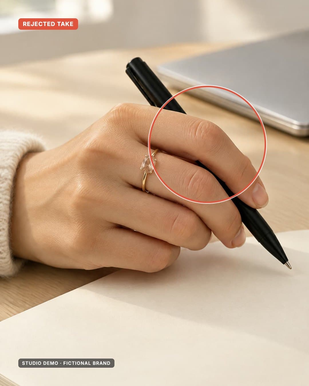 Rejected AI take for the fictional brand OSTRID: a hand with the ring holding a pen in an unnatural grip, the grip circled in red